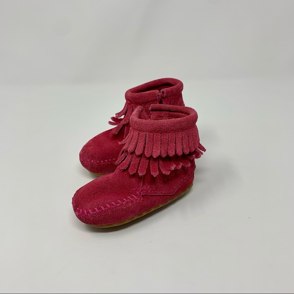 Minnetonka Baby Girls Hot Pink Suede Double Fringe Moccasin Boots Shoes Size 2